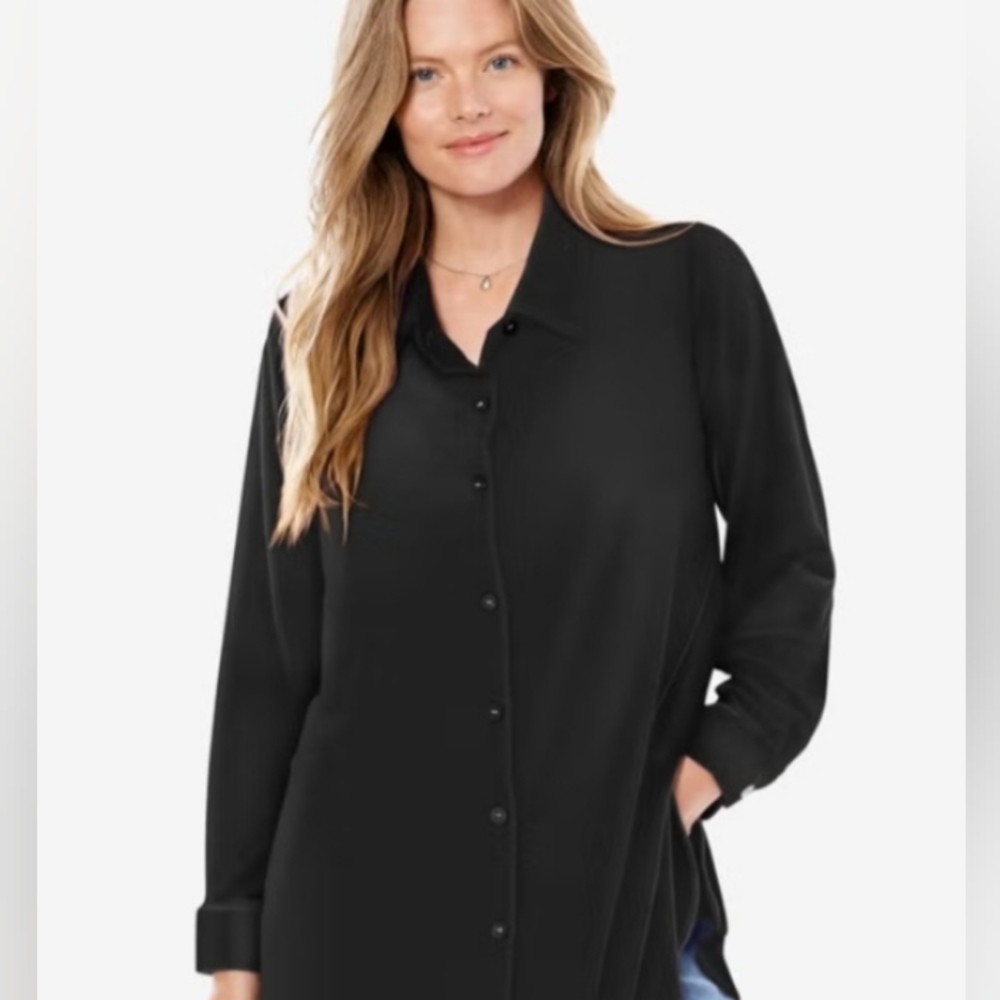 Woman Within Black Velour Button Down Shirt New 4X Velvet Current Style